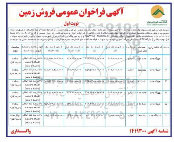 فراخوان عمومی فروش زمین کاربریهای تجاری-