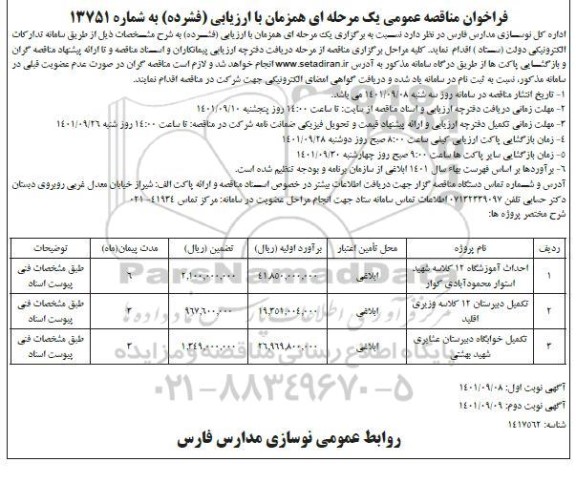 فراخوان مناقصه احداث آموزشگاه 12 کلاسه....نوبت دوم