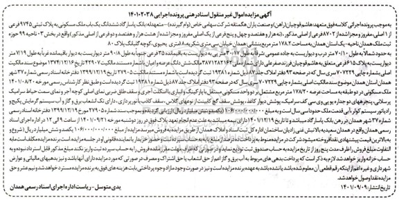 مزایده فروش یک باب ملک مسکونی به پلاک 9745 فرعی از 1 اصلی 