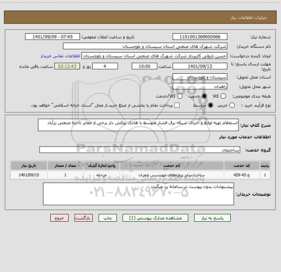 استعلام استعلام تهیه لوازم و اجرای شبکه برق فشار متوسط با هادی روکش دار برخی از معابر ناحیه صنعتی زرآباد