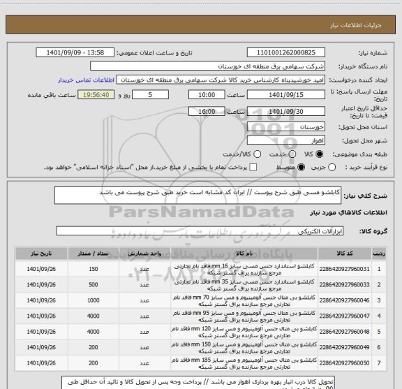 استعلام کابلشو مسی طبق شرح پیوست // ایران کد مشابه است خرید طبق شرح پیوست می باشد