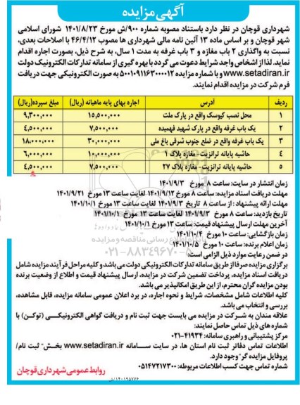 مزایده واگذاری 2 باب مغازه و 3 باب غرفه