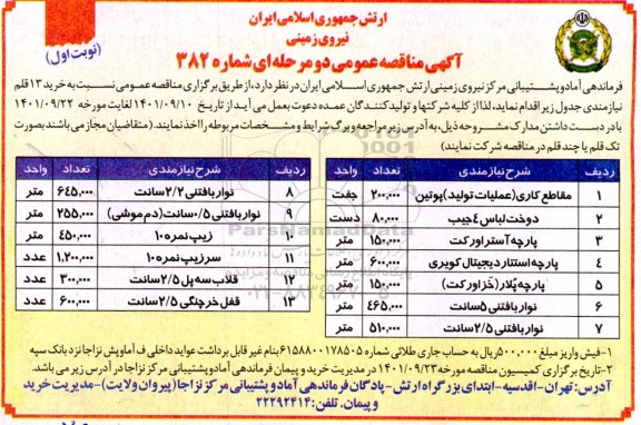 مناقصه عمومی نسبت به خرید 13 قلم نیازمندی