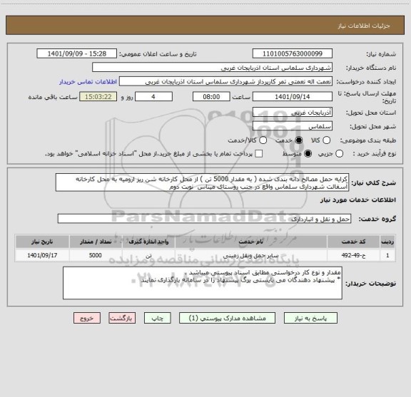 استعلام کرایه حمل مصالح دانه بندی شده ( به مقدار 5000 تن ) از محل کارخانه شن ریز ارومیه به محل کارخانه آسفالت شهرداری سلماس واقع در جنب روستای میناس  نوبت دوم