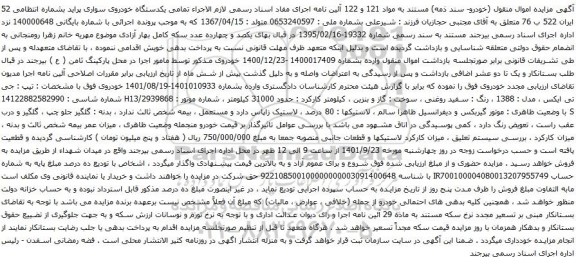 آگهی مزایده یکدستگاه خودروی سواری پراید