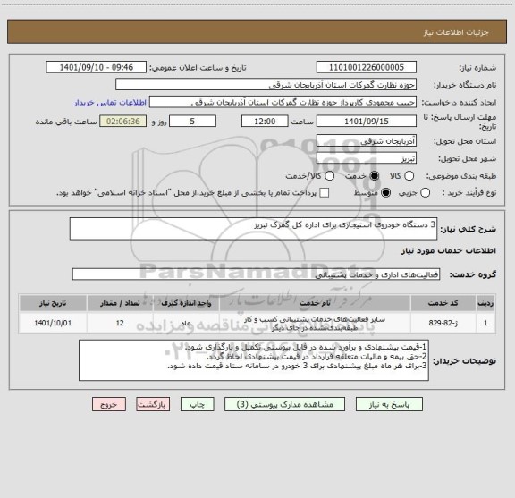 استعلام 3 دستگاه خودروی استیجاری برای اداره کل گمرک تبریز