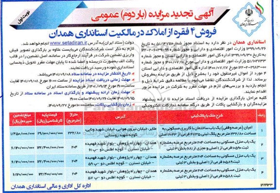 مزایده فروش 4 فقره از املاک در مالکیت تجدید