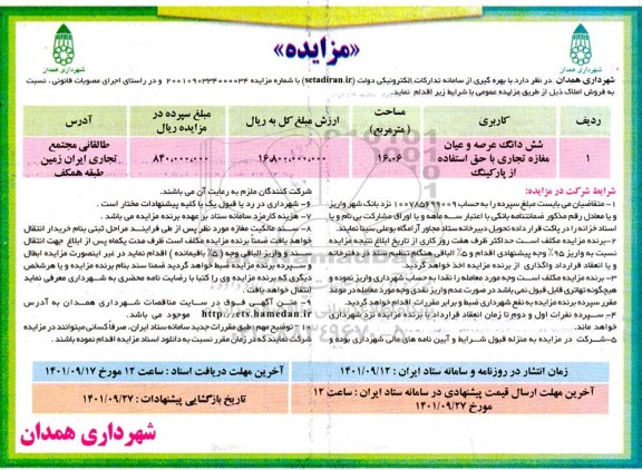 مزایده فروش ششدانگ عرصه واعیان یک مغازه تجاری