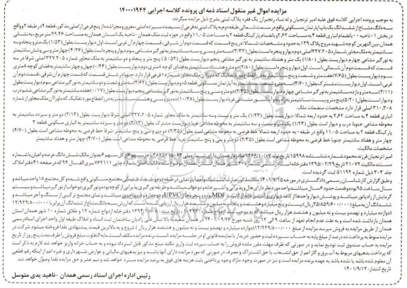 آگهی مزایده سه دانگ مشاع از ششدانگ یک باب آپارتمان مسکونی
