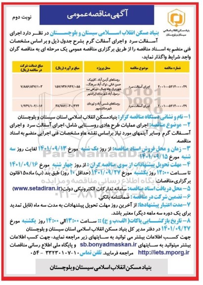 مناقصه اجرای آسفالت سرد - نوبت دوم 