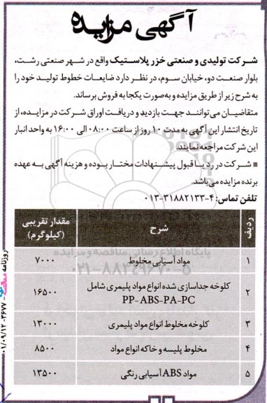 آگهی مزایده، مزایده مواد آسیایی مخلوط...