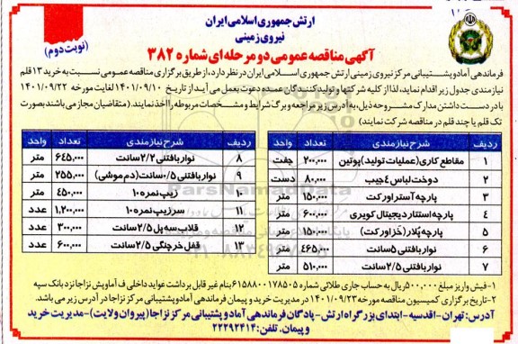 مناقصه عمومی نسبت به خرید 13 قلم نیازمندی- نوبت دوم