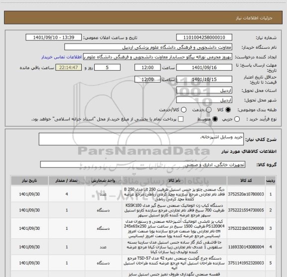 استعلام خرید وسایل اشپزخانه.