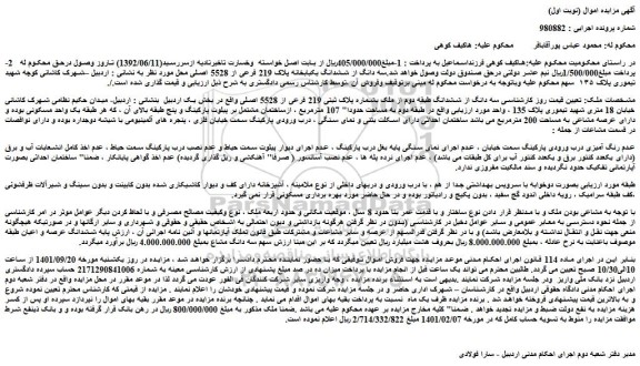 مزایده فروش سه دانگ از ششدانگ یکبابخانه پلاک 219 فرعی از 5528 اصلی 