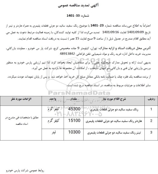 تمدید مناقصه رنگ سفید سالید دو جزئی قطعات پلیمری ..