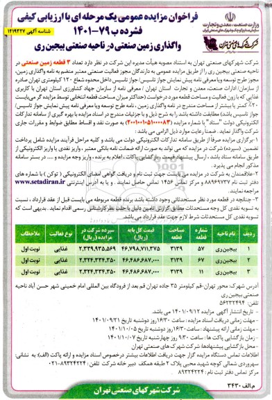 مزایده عمومی واگذاری زمین صنعتی در ناحیه صنعتی بیجین