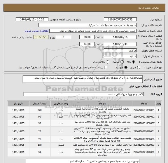 استعلام تعداد59پایه چراغ برق دوطرفه و118عددچراغ خیابانی وغیره طبق لیست پیوست وحمل به محل پروژه