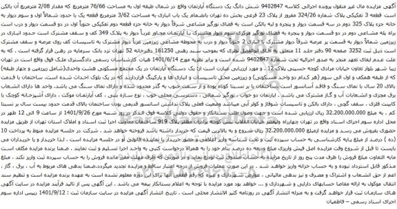آگهی مزایده شش دانگ یک دستگاه آپارتمان