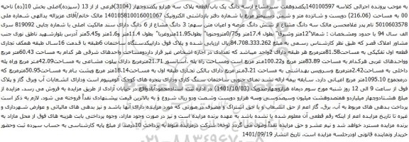 آگهی مزایده یکصدوهفت سیرمشاع ازسه دانگ یک باب/قطعه پلاک سه هزارو یکصدوچهار (3104)فرعی از از 13 (سیزده)اصلی