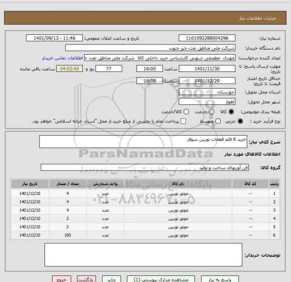 استعلام خرید 6 قلم قطعات توربین سولار