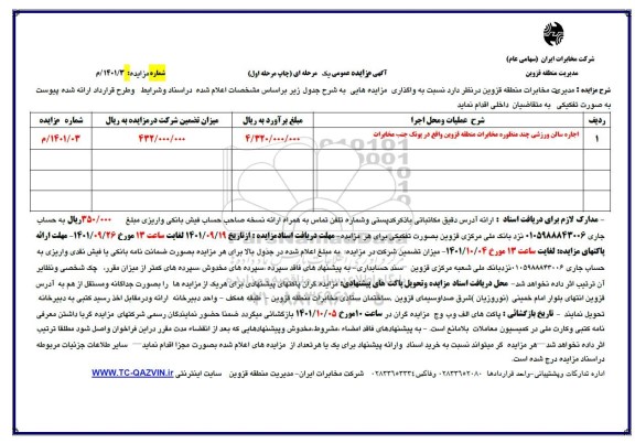 مزایده اجاره سالن ورزشی چند منظوره مخابرات