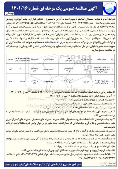 مناقصه پروژه لکه گیری آسفالت مسیر شبکه توزیع سطح شهر ...