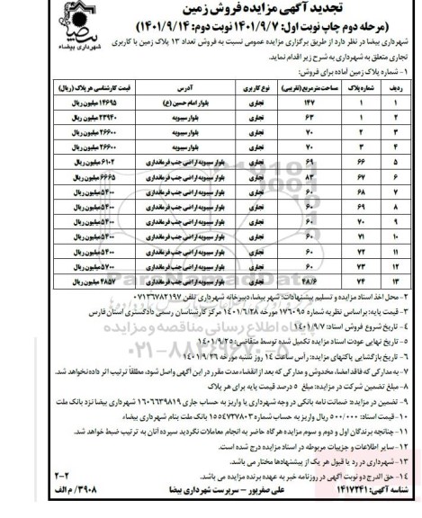 تجدید مزایده فروش تعداد 13 پلاک زمین با کاربری تجاری