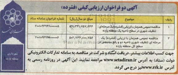 مناقصه تنظیف شهری در سطح ناحیه یک منطقه یازده...