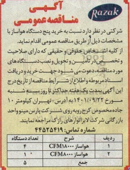 مناقصه خرید پنج دستگاه هواساز 