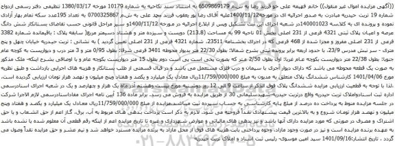 آگهی مزایده شش دانگ عرصه و اعیان پلاک ثبتی 4321 فرعی از 231 اصلی بخش 01 ناحیه 99 