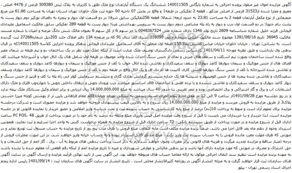 آگهی مزایده ششدانگ یک دستگاه آپارتمان نوع ملک طلق با کاربری به پلاک ثبتی 509380 فرعی از 4476 اصلی ، مفروز و مجزا شده از31523 فرعی از اصلی
