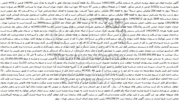 آگهی مزایده ششدانگ یک قطعه آپارتمان نوع ملک طلق با کاربری به پلاک ثبتی 146740 فرعی از 4476 اصلی ، مفروز و مجزا شده از31523 فرعی از اصلی