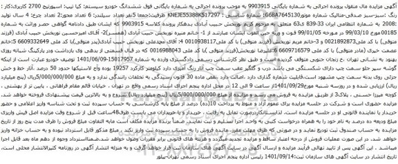 آگهی مزایده خودرو کیا تیپ: اسپورتیج 2700 کاربری:کار : رنگ :سبز-سبز صدفی-متالیک