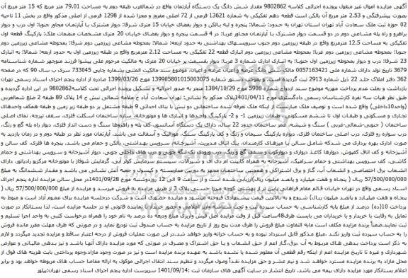 آگهی مزایده مقدار شش دانگ یک دستگاه آپارتمان