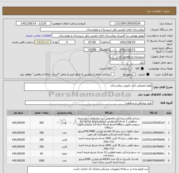 استعلام لوازم مصرفی انبار دارویی بیمارستان