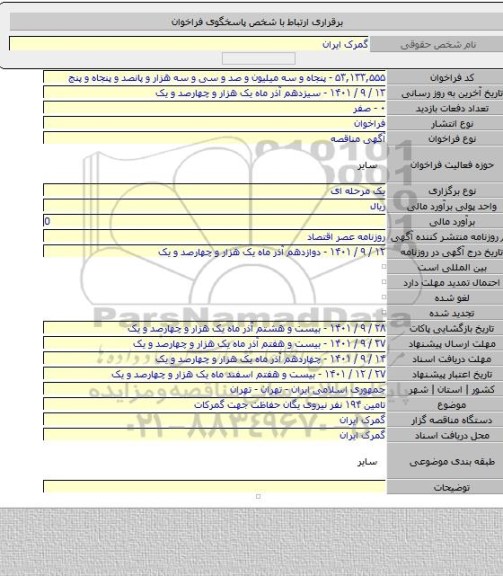 مناقصه, تامین ۱۹۴ نفر نیروی یگان حفاظت جهت گمرکات