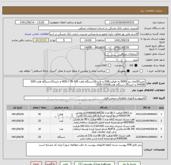 استعلام خرید50ماژل رم DDR2 به ظرفیت2GB و خرید10دستگاه هارد HDD-1TB WD و خرید10دستگاه هاردSSD-240GB و خرید25 دستگاه هاردSSD-120GB