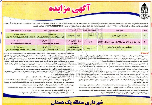 مزایده واگذاری املاک شامل مغازه با کاربری تجاری، مغازه تجاری به پلاک ثبتی 3958 باقی مانده از 5185 و 5184/2 و یک قطعه زمین مسکونی به پلاک ثبتی 1/32917