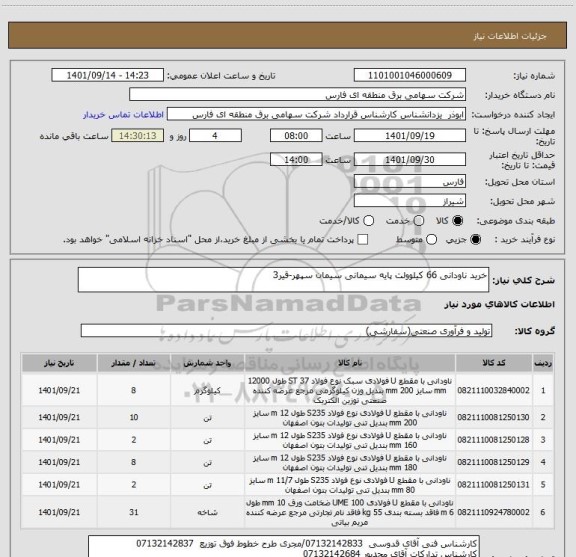 استعلام خرید ناودانی 66 کیلوولت پایه سیمانی سیمان سپهر-قیر3
