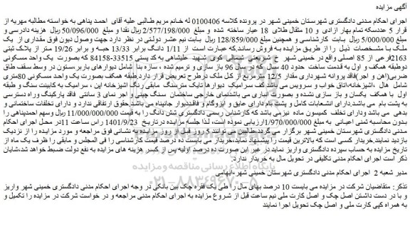 مزایده ملک به پلاک ثبتی 2163فرعی از 85 اصلی