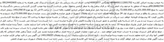 آگهی مزایده حق امتیاز و اشتراک تلفن همراه به شماره 09124402605 و 09126482744