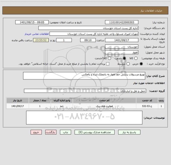 استعلام توزیع مرسولات پستی خط اهواز به باغملک،ایذه و بالعکس