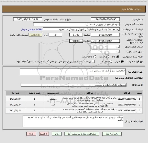 استعلام اقلام مورد نیاز از قبیل جا سیخی و...