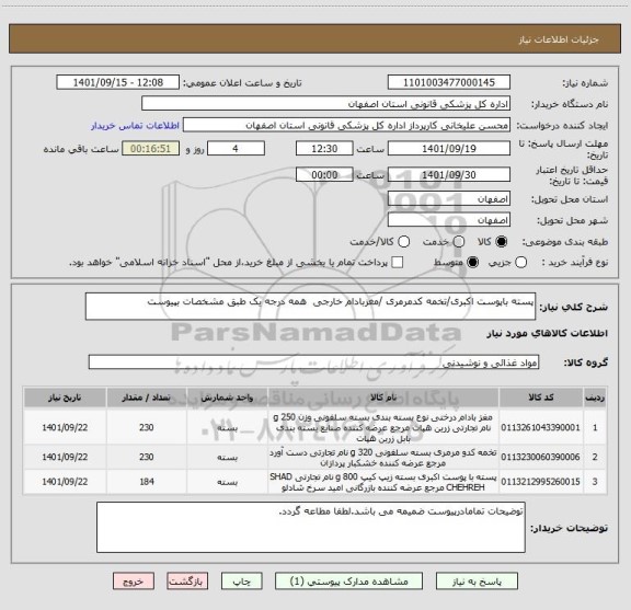 استعلام پسته باپوست اکبری/تخمه کدمرمری /مغزبادام خارجی  همه درجه یک طبق مشخصات بپیوست