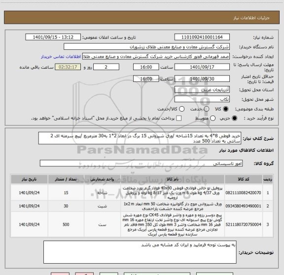 استعلام خرید قوطی 8*4 به تعداد 15شاخه /ورق شیروانی 15 برگ در ابعاد 2*1 به30 مترمربع /پیچ سرمته ای 2 سانتی به تعداد 500 عدد