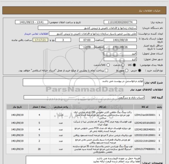 استعلام لوازم درخواستی در پیوست می باشد