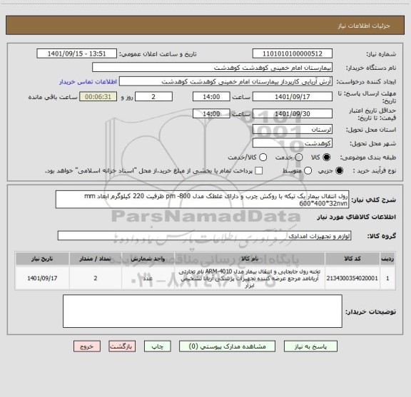 استعلام رول انتقال بیمار یک تیکه با روکش چرب و دارای غلطک مدل pm -800 ظرفیت 220 کیلوگرم ابعاد mm 600*400*32nvn