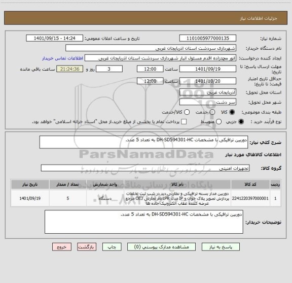 استعلام دوربین ترافیکی با مشخصات DH-SD594301-HC به تعداد 5 عدد.