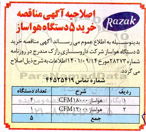 اصلاحیه مناقصه خرید پنج دستگاه هواساز 