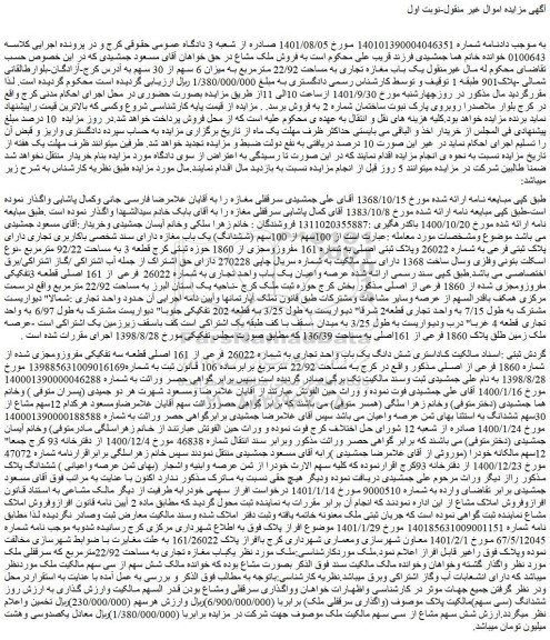 مزایده یک باب مغازه تجاری به مساحت 22/92 مترمربع